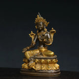 Statue tibétaine népalaise en laiton doré vert Tara Bodhisattva assis