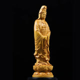 Natural Cypress Guanyin  Buddha Decorative Characters Statue ,Solid Wood Art Carving Home Room Office Feng Shui Statue