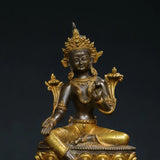 Statue tibétaine népalaise en laiton doré vert Tara Bodhisattva assis