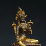 Statue tibétaine népalaise en laiton doré vert Tara Bodhisattva assis